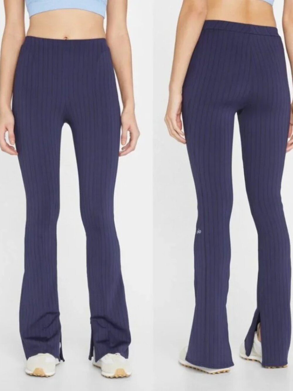 ALO YOGA Pinstripe Zip It Flare Pants Womens XS Blue Stretch Pull On